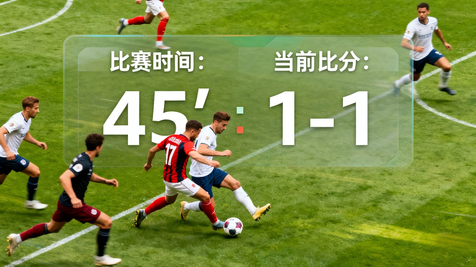 足球比赛精彩瞬间，两队球员正在绿茵场上激烈拼抢，背景中球探体育实时比分数据界面清晰展示着比赛时间与当前比分
